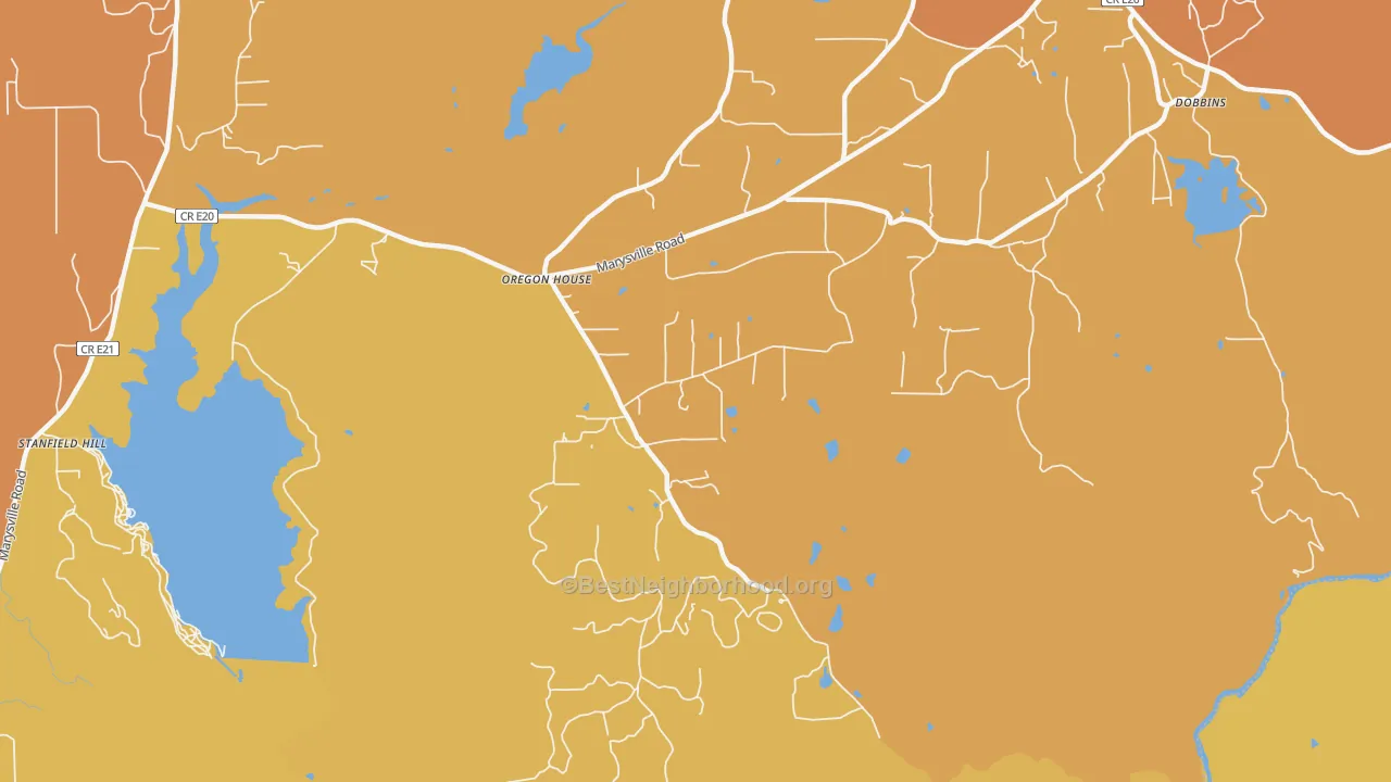 Map of the best neighborhoods in the 95962 area, with better matches in green and worse matches in red