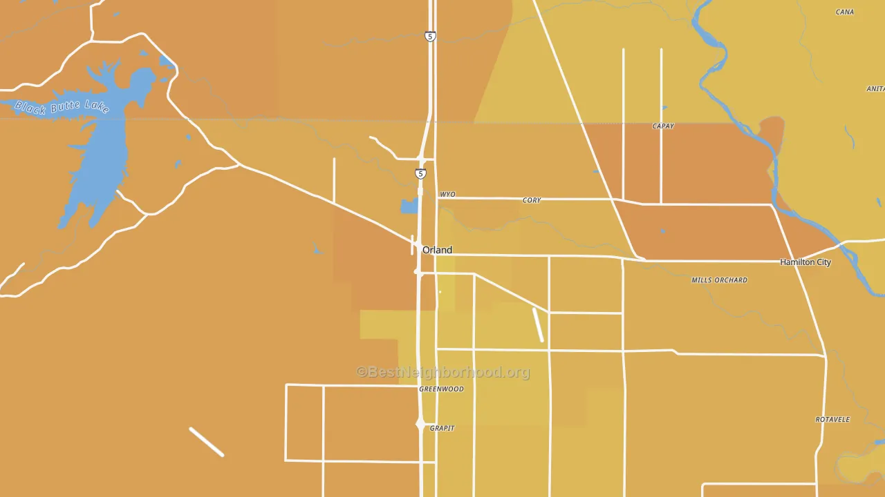 Map of the best neighborhoods in the 95963 area, with better matches in green and worse matches in red