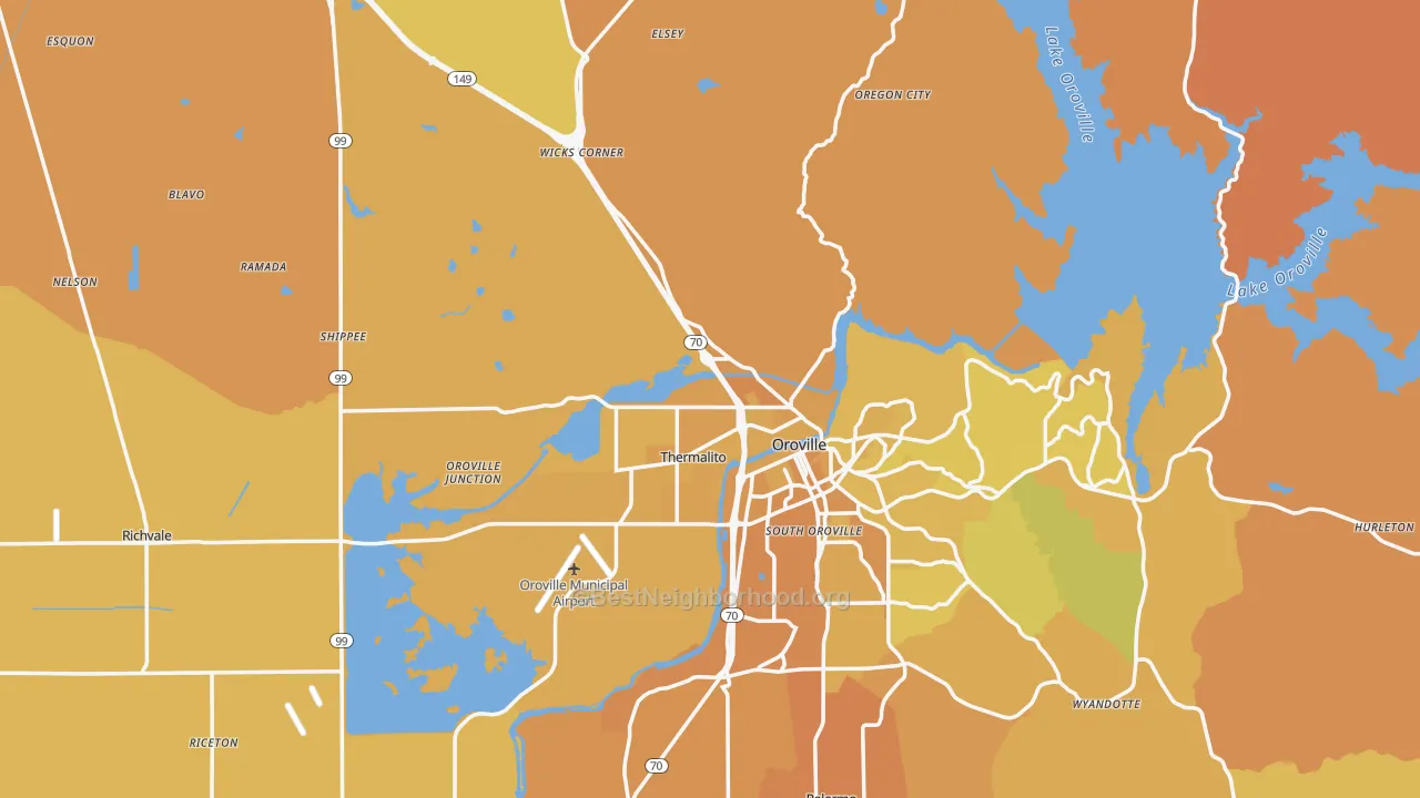 Map of the best neighborhoods in the 95965 area, with better matches in green and worse matches in red