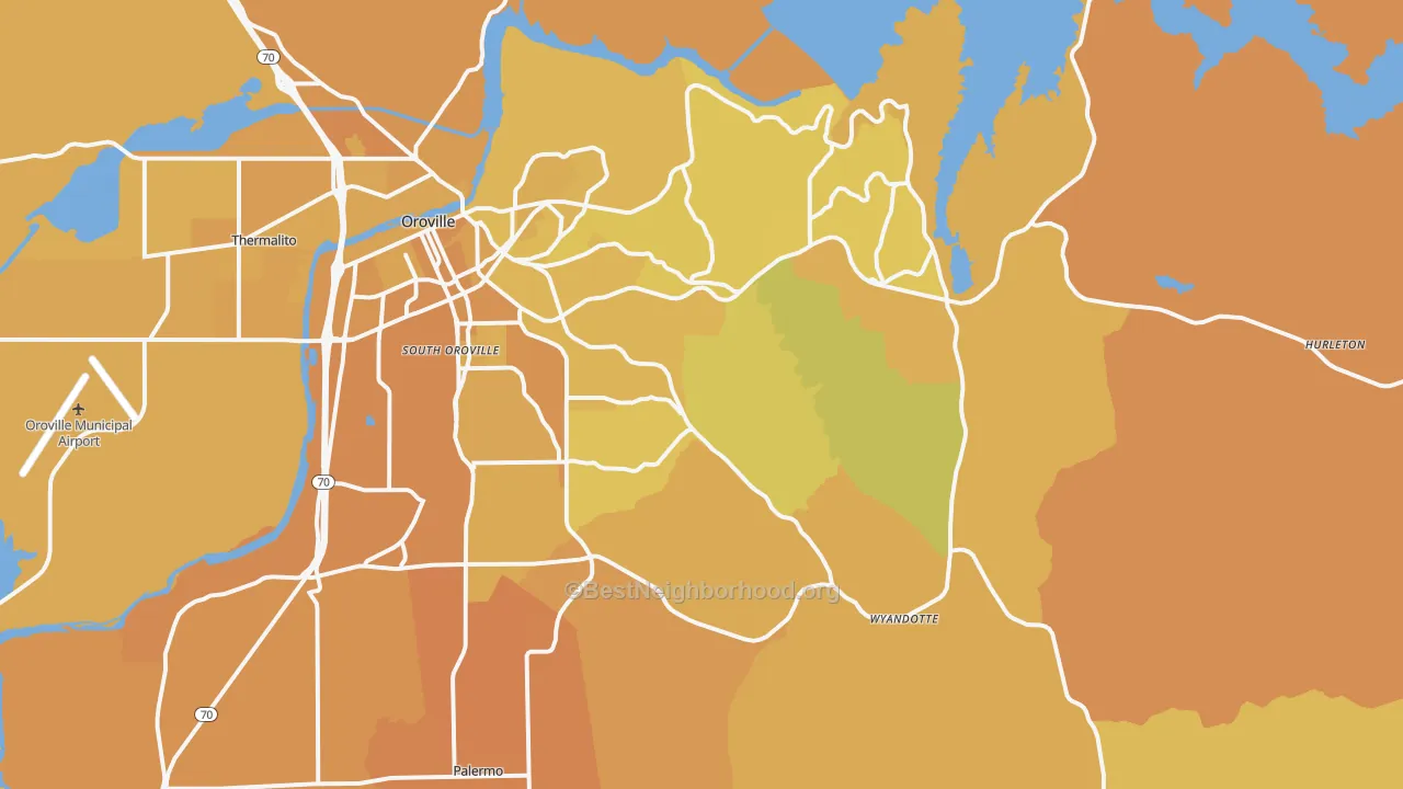 Map of the best neighborhoods in the 95966 area, with better matches in green and worse matches in red