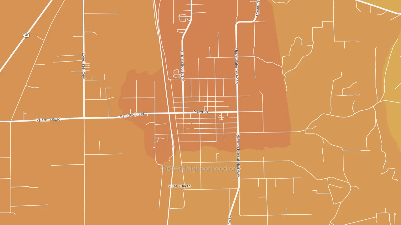 Map of the best neighborhoods in the 95968 area, with better matches in green and worse matches in red