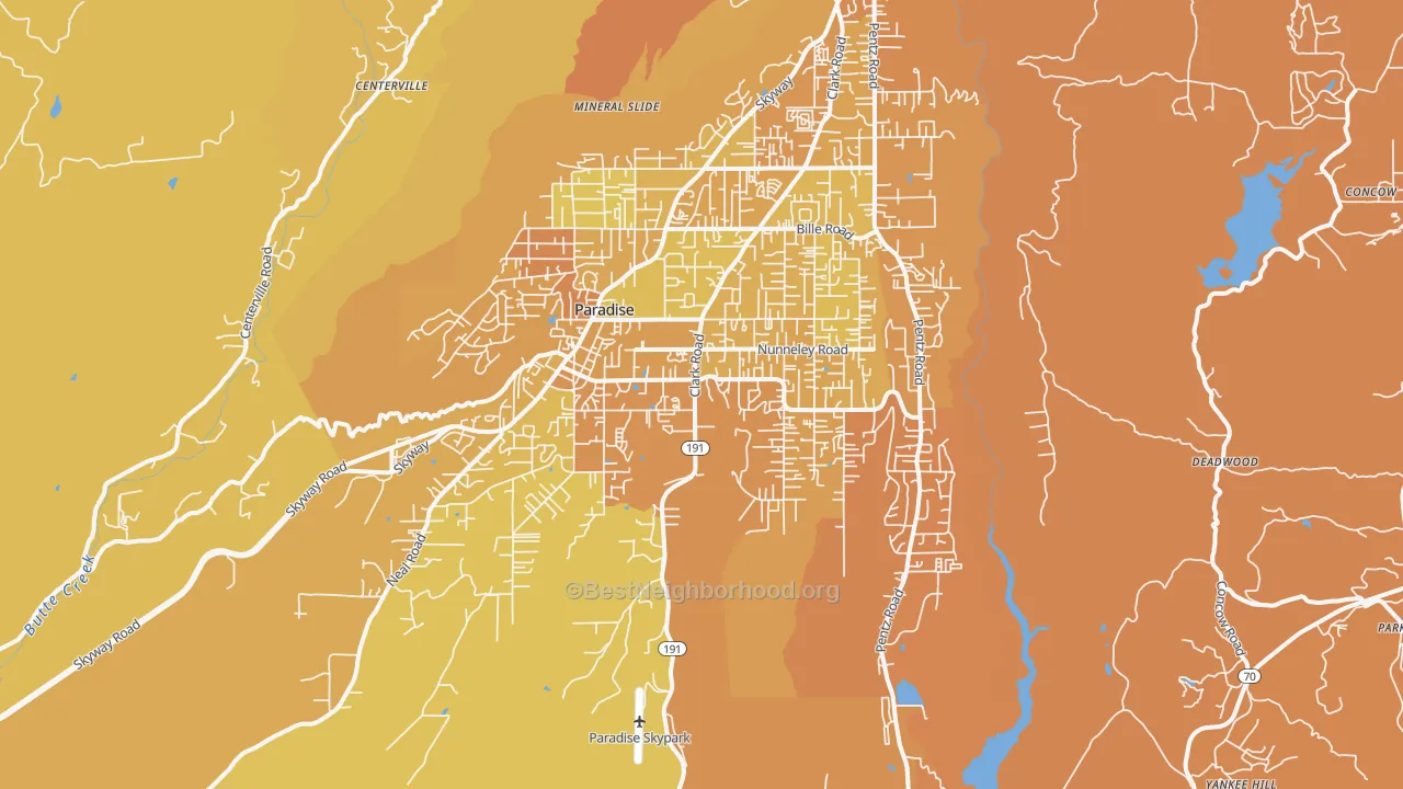 Map of the best neighborhoods in the 95969 area, with better matches in green and worse matches in red