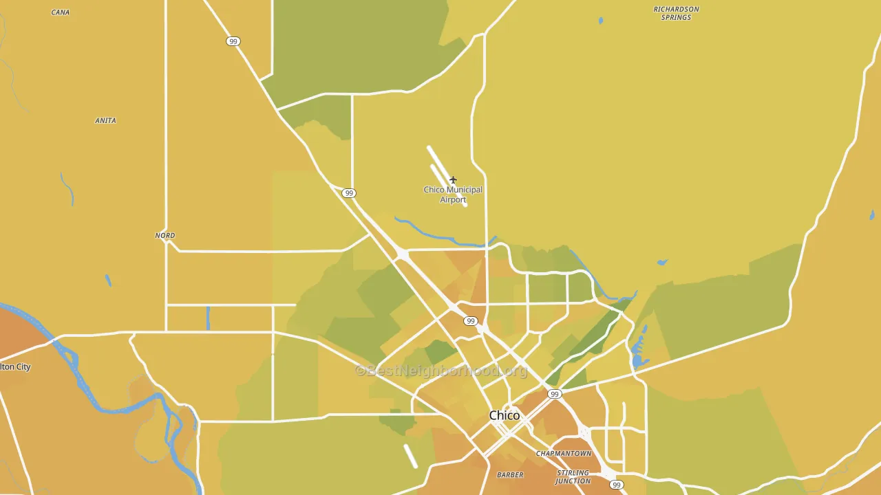Map of the best neighborhoods in the 95973 area, with better matches in green and worse matches in red
