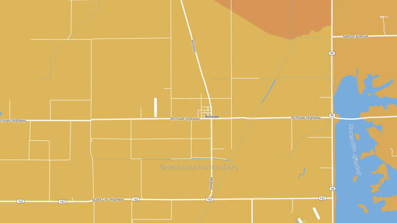 Map of the best neighborhoods in the 95974 area, with better matches in green and worse matches in red