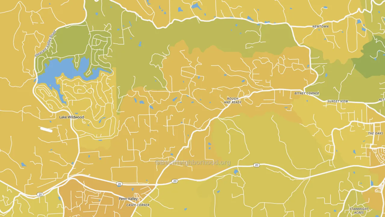 Map of the best neighborhoods in the 95975 area, with better matches in green and worse matches in red