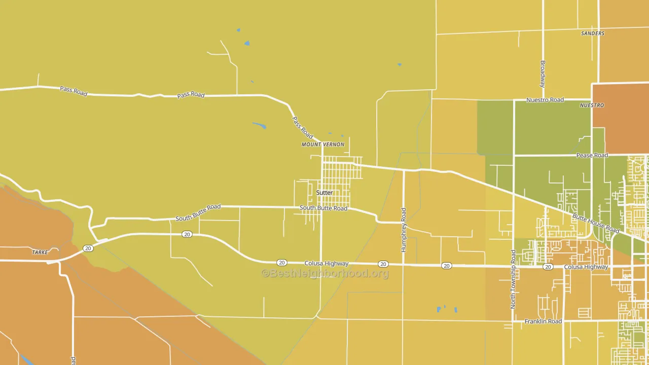 Map of the best neighborhoods in the 95982 area, with better matches in green and worse matches in red