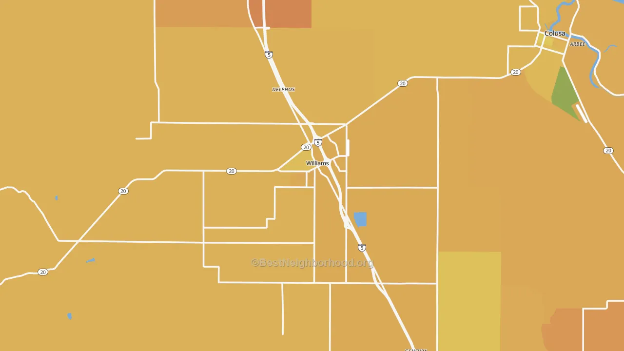 Map of the best neighborhoods in the 95987 area, with better matches in green and worse matches in red