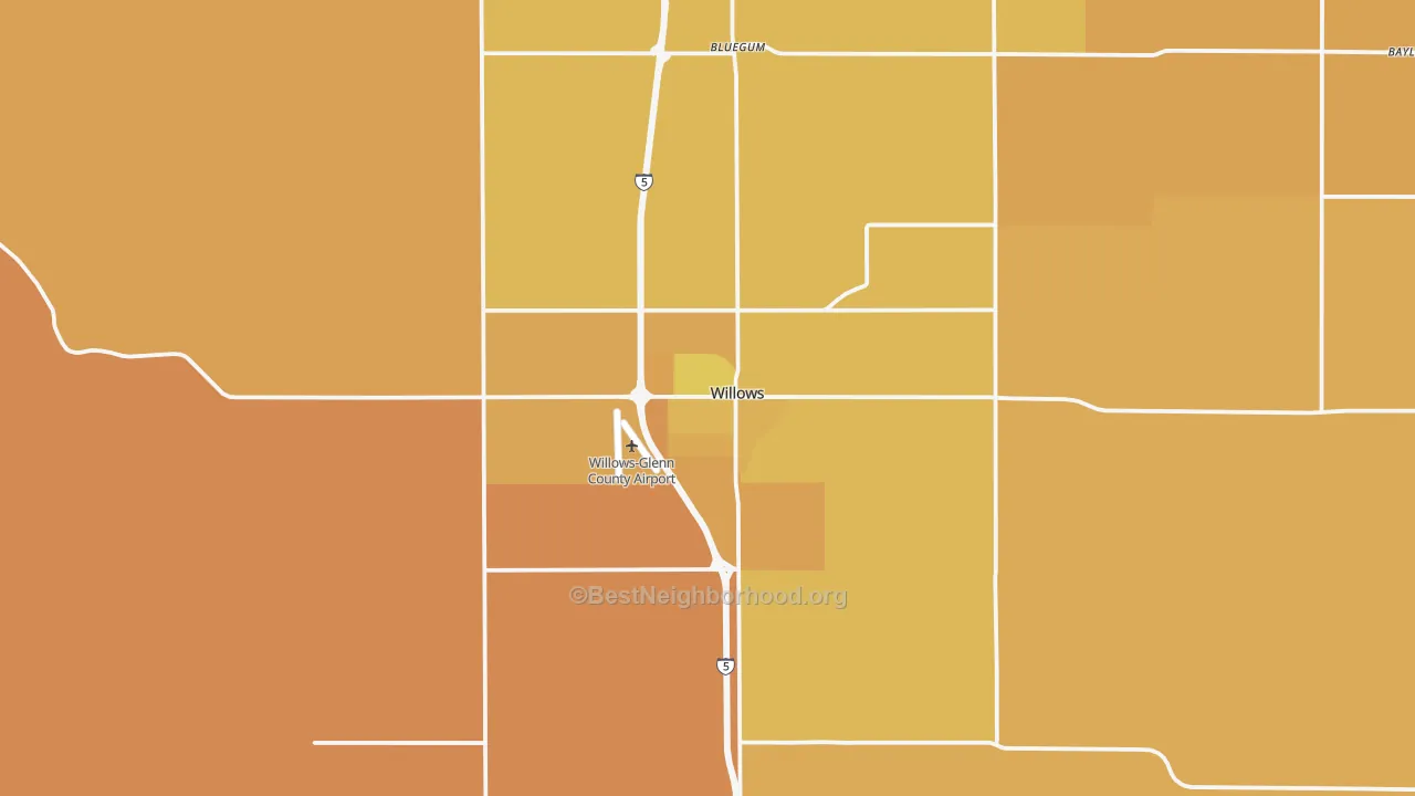 Map of the best neighborhoods in the 95988 area, with better matches in green and worse matches in red
