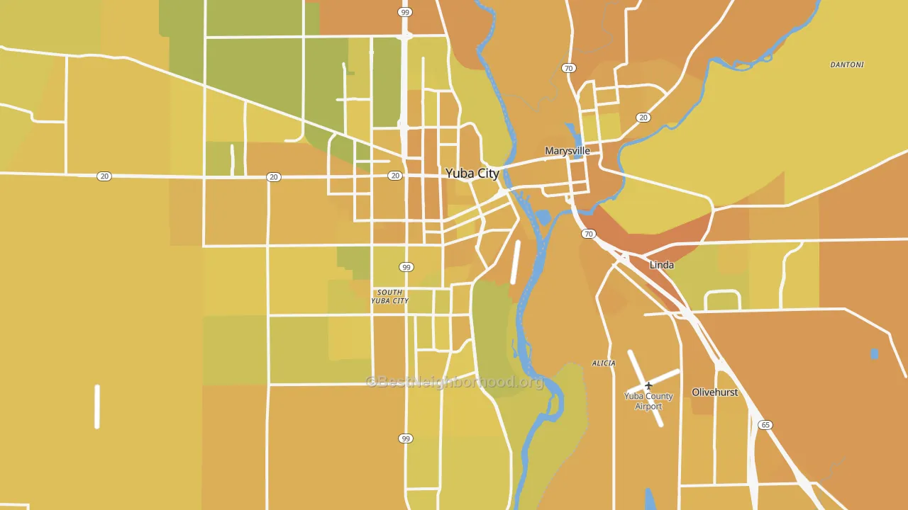 Map of the best neighborhoods in the 95991 area, with better matches in green and worse matches in red