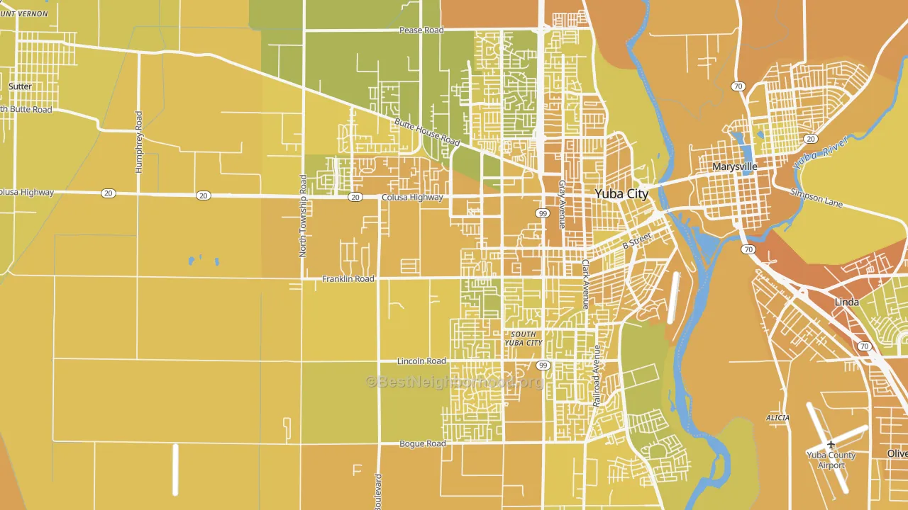Map of the best neighborhoods in the 95993 area, with better matches in green and worse matches in red