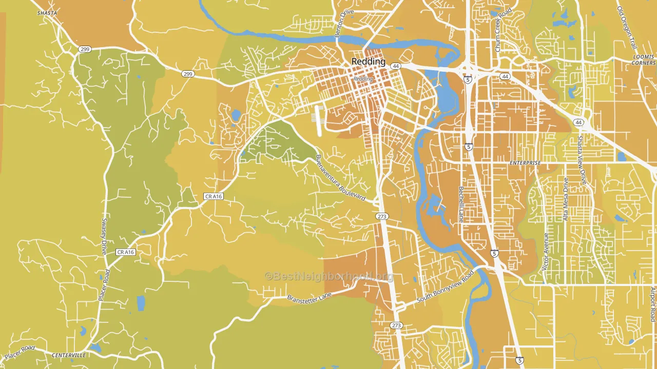 Map of the best neighborhoods in the 96001 area, with better matches in green and worse matches in red