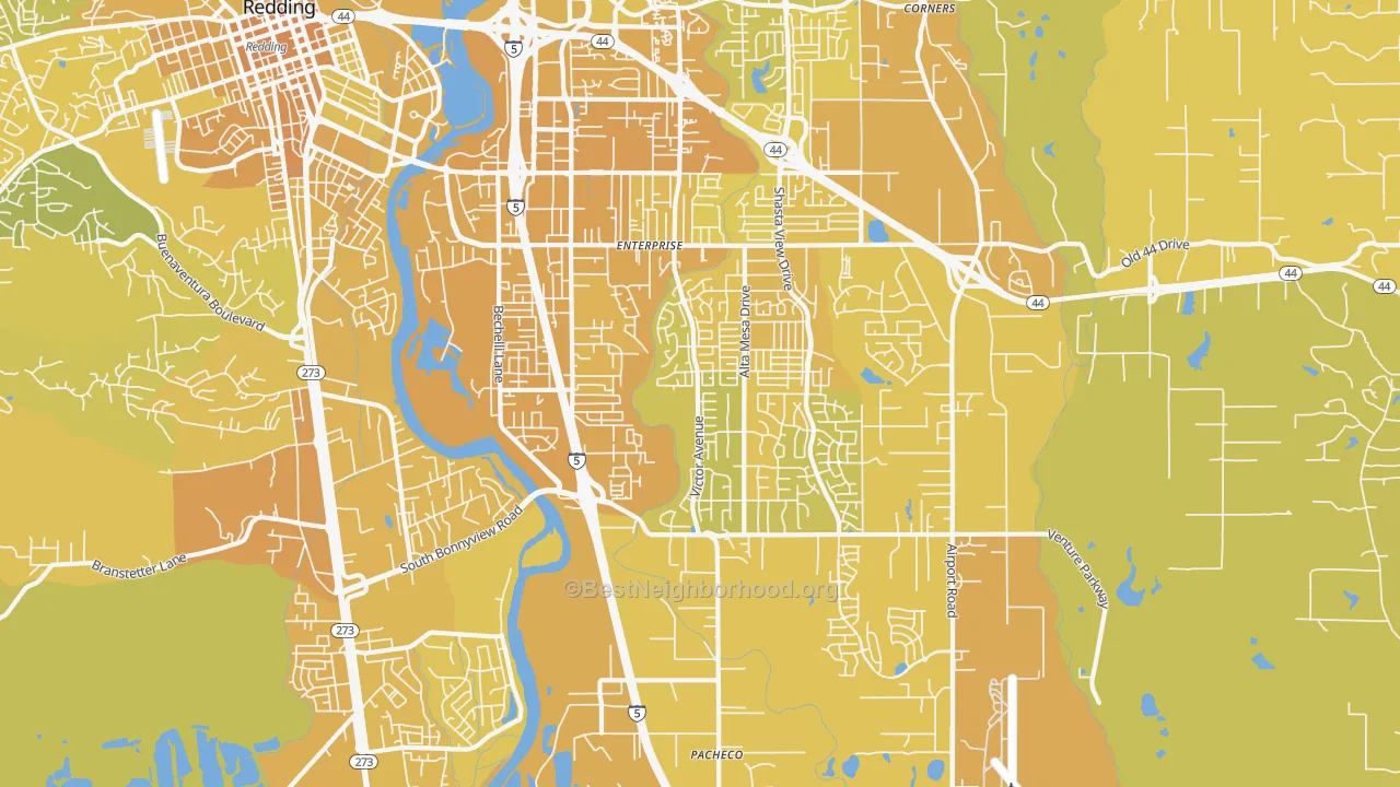 Map of the best neighborhoods in the 96002 area, with better matches in green and worse matches in red