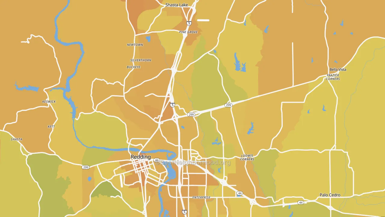 Map of the best neighborhoods in the 96003 area, with better matches in green and worse matches in red