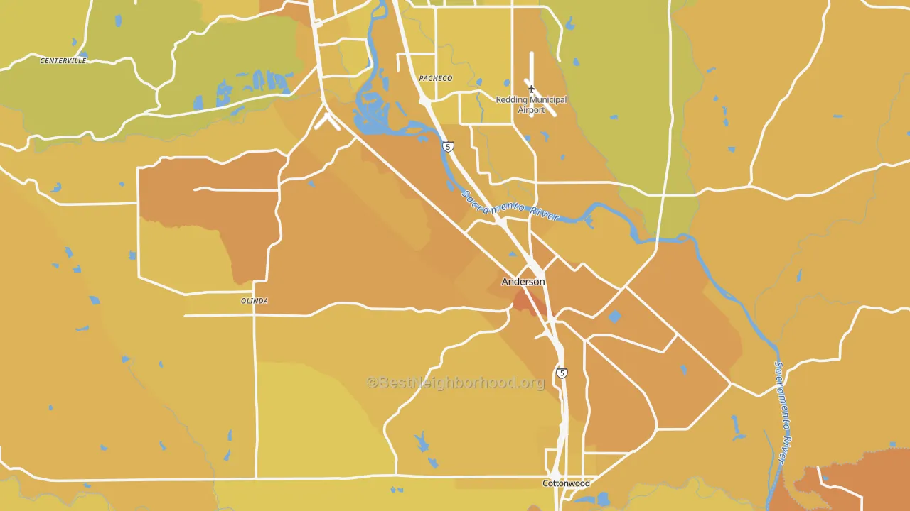 Map of the best neighborhoods in the 96007 area, with better matches in green and worse matches in red