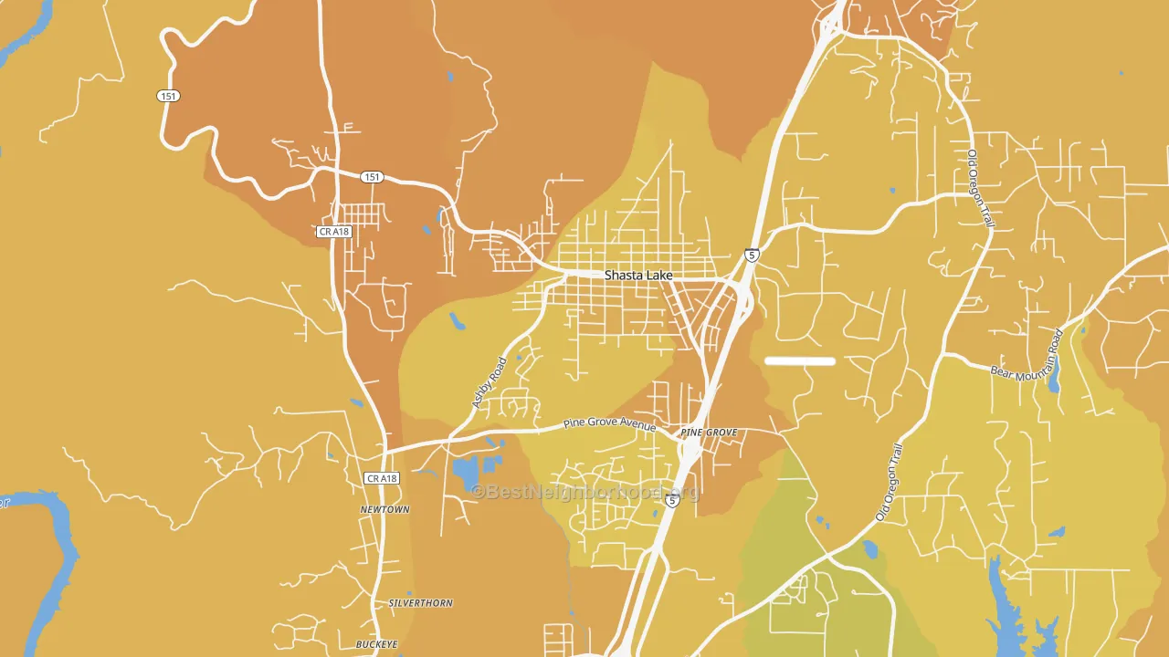 Map of the best neighborhoods in the 96019 area, with better matches in green and worse matches in red