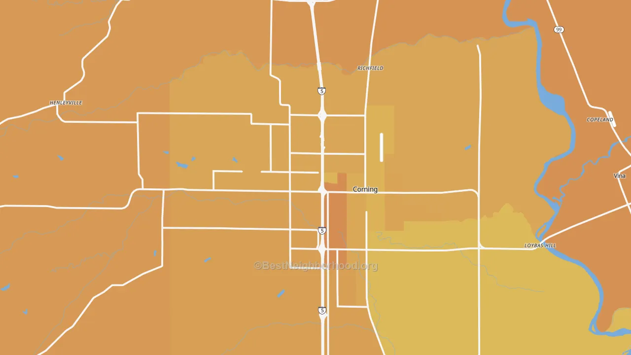 Map of the best neighborhoods in the 96021 area, with better matches in green and worse matches in red