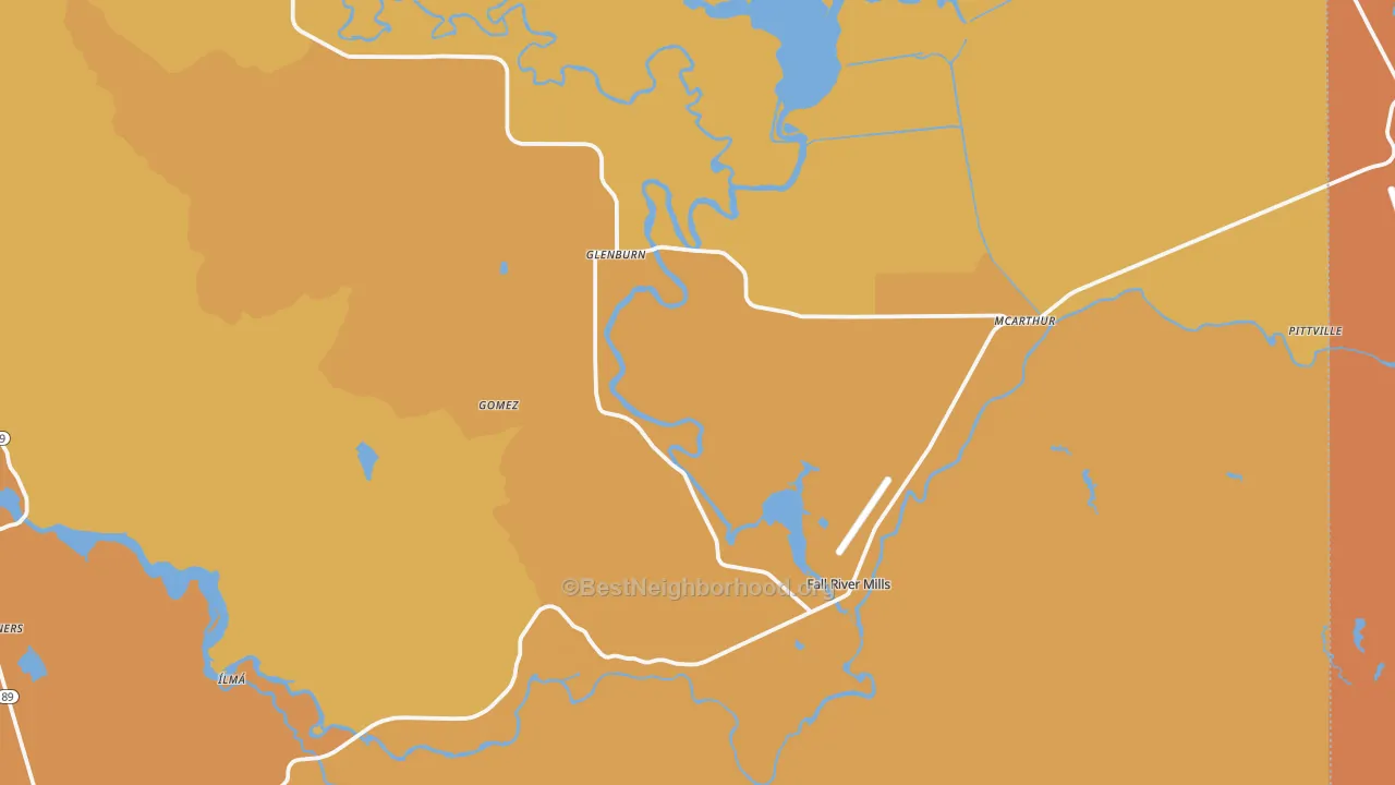 Map of the best neighborhoods in the 96028 area, with better matches in green and worse matches in red