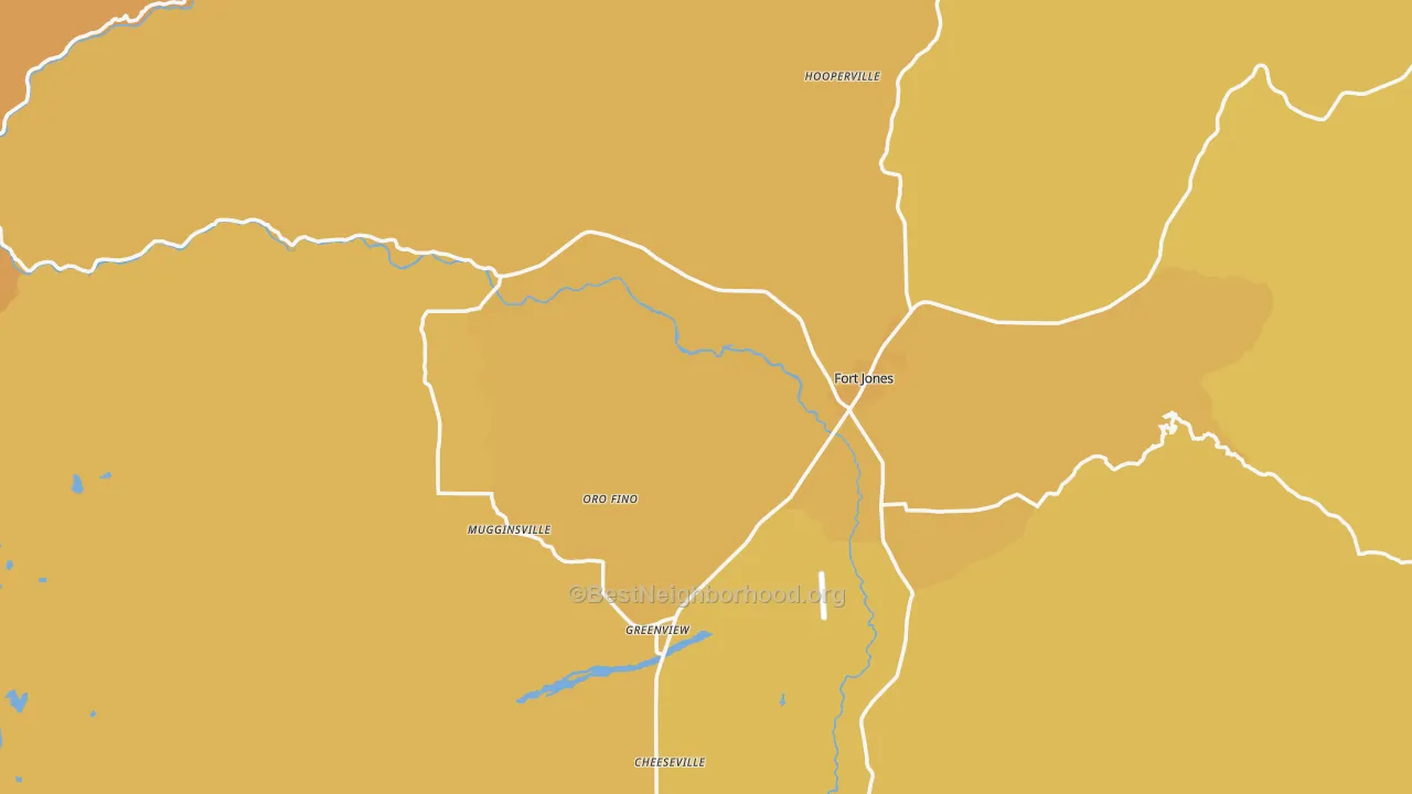Map of the best neighborhoods in the 96032 area, with better matches in green and worse matches in red