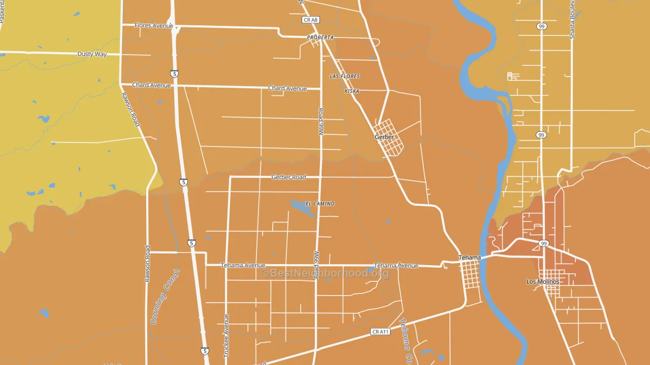 Map of the best neighborhoods in the 96035 area, with better matches in green and worse matches in red