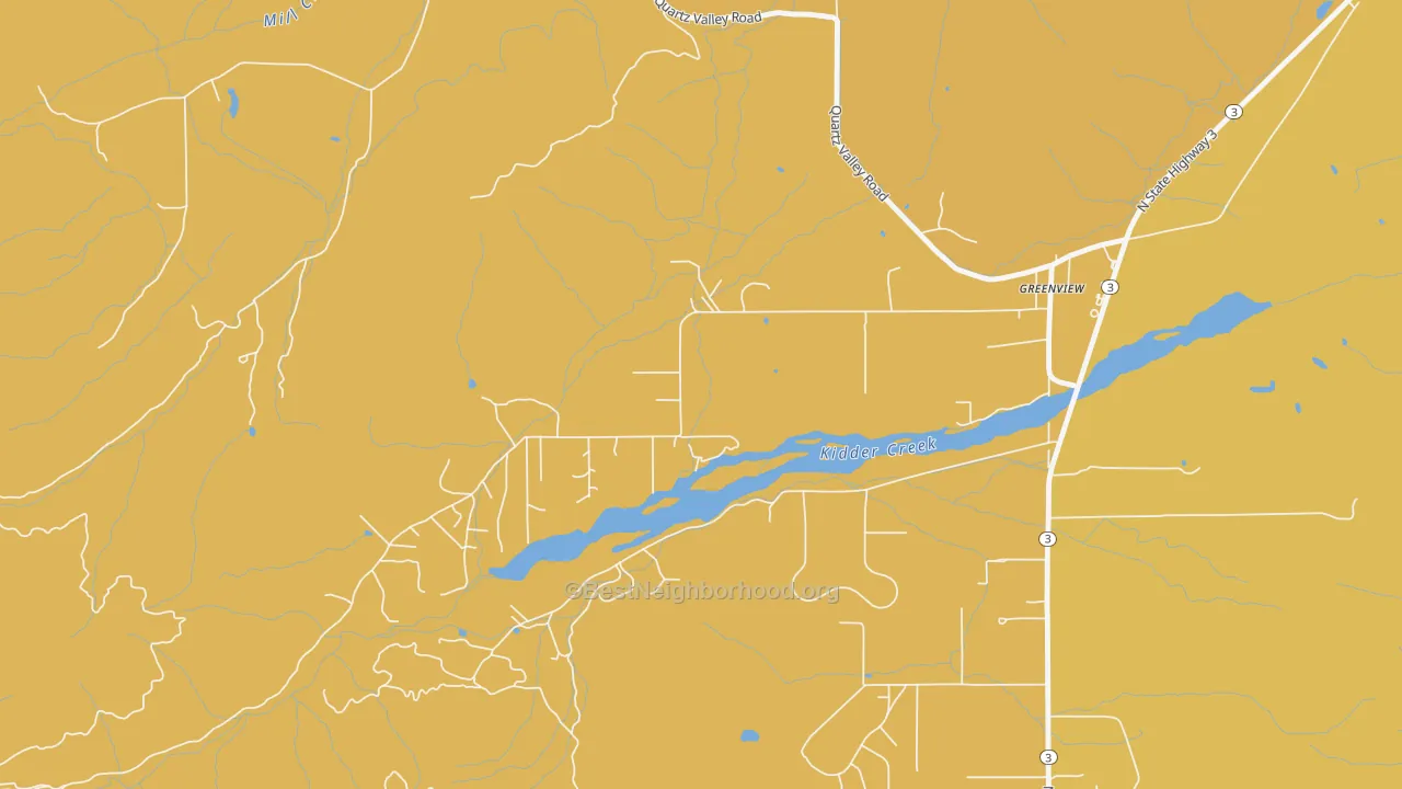 Map of the best neighborhoods in the 96037 area, with better matches in green and worse matches in red