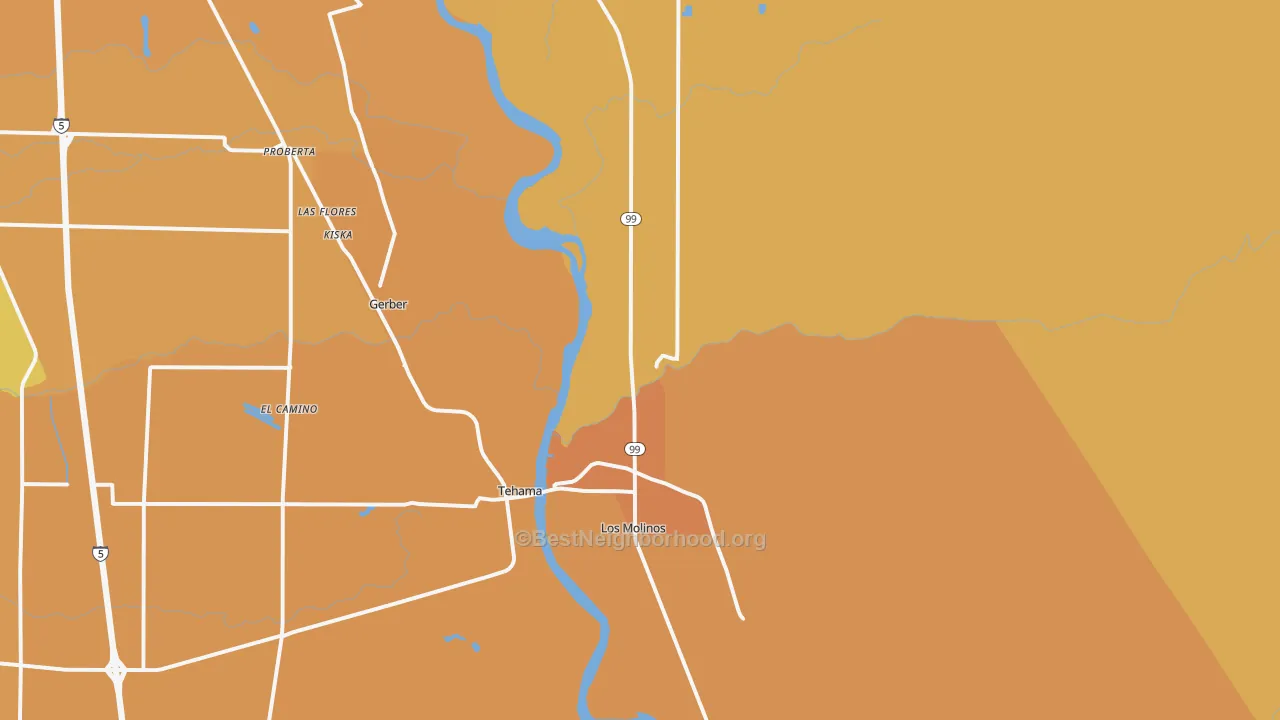 Map of the best neighborhoods in the 96055 area, with better matches in green and worse matches in red