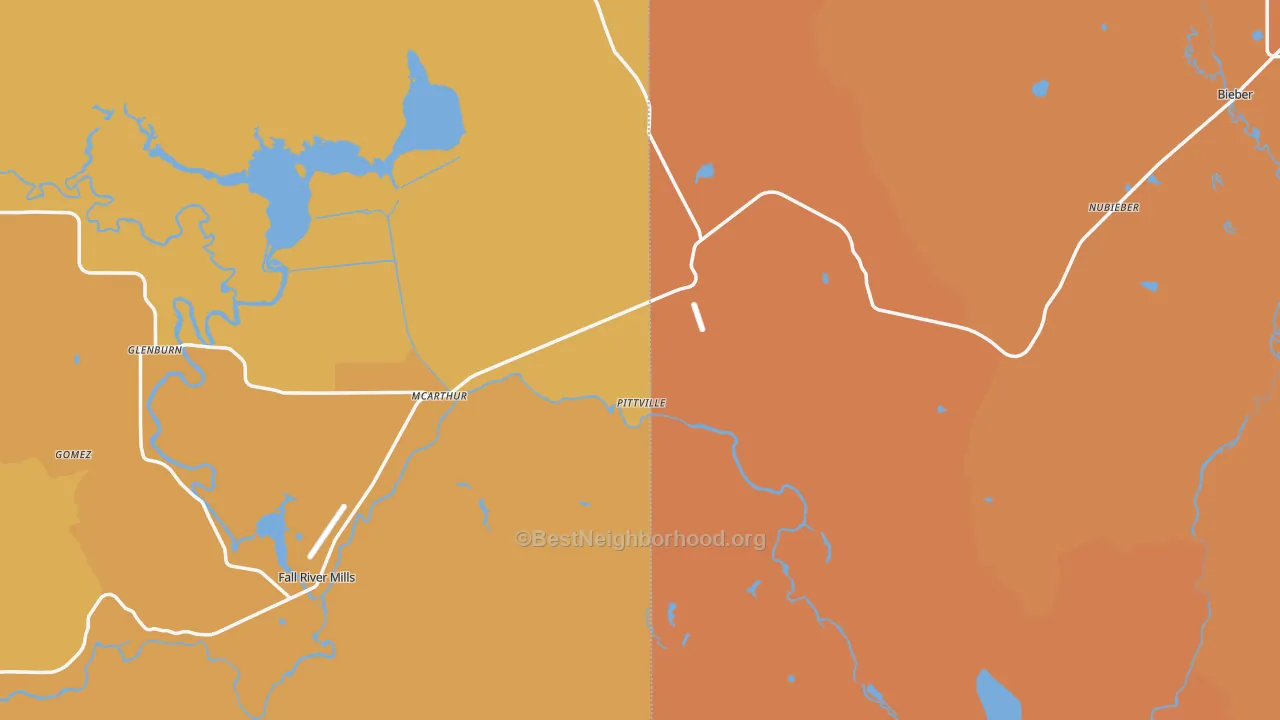 Map of the best neighborhoods in the 96056 area, with better matches in green and worse matches in red