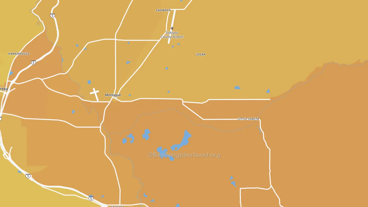 Map of the best neighborhoods in the 96064 area, with better matches in green and worse matches in red