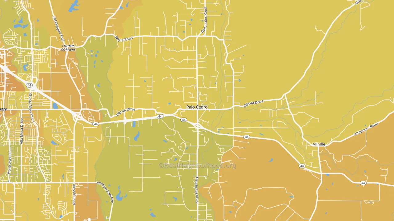Map of the best neighborhoods in the 96073 area, with better matches in green and worse matches in red