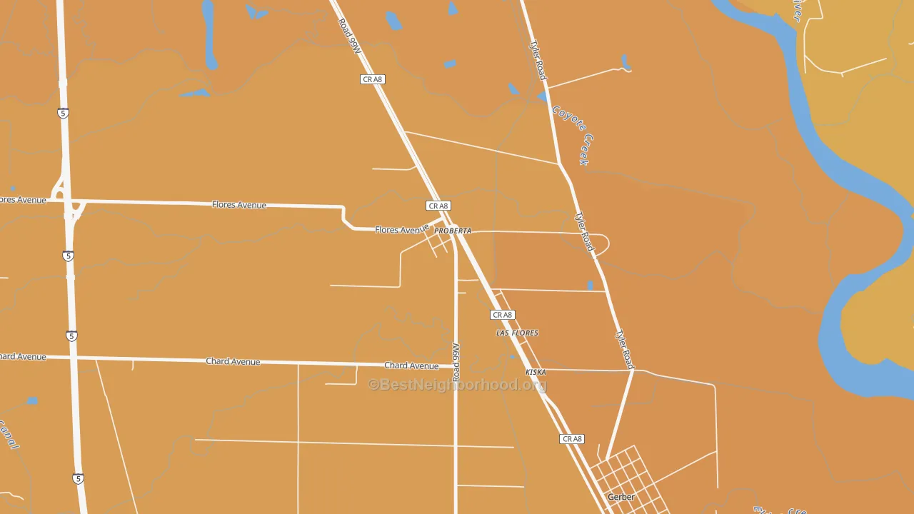 Map of the best neighborhoods in the 96078 area, with better matches in green and worse matches in red