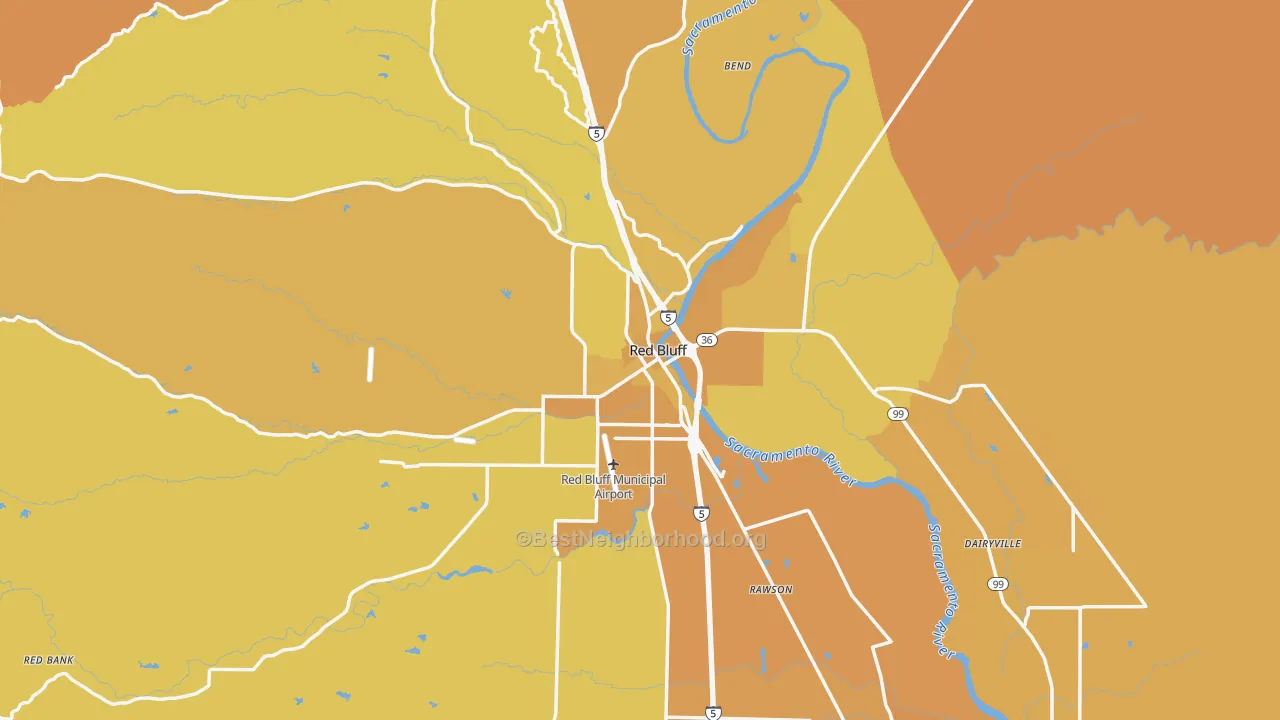 Map of the best neighborhoods in the 96080 area, with better matches in green and worse matches in red