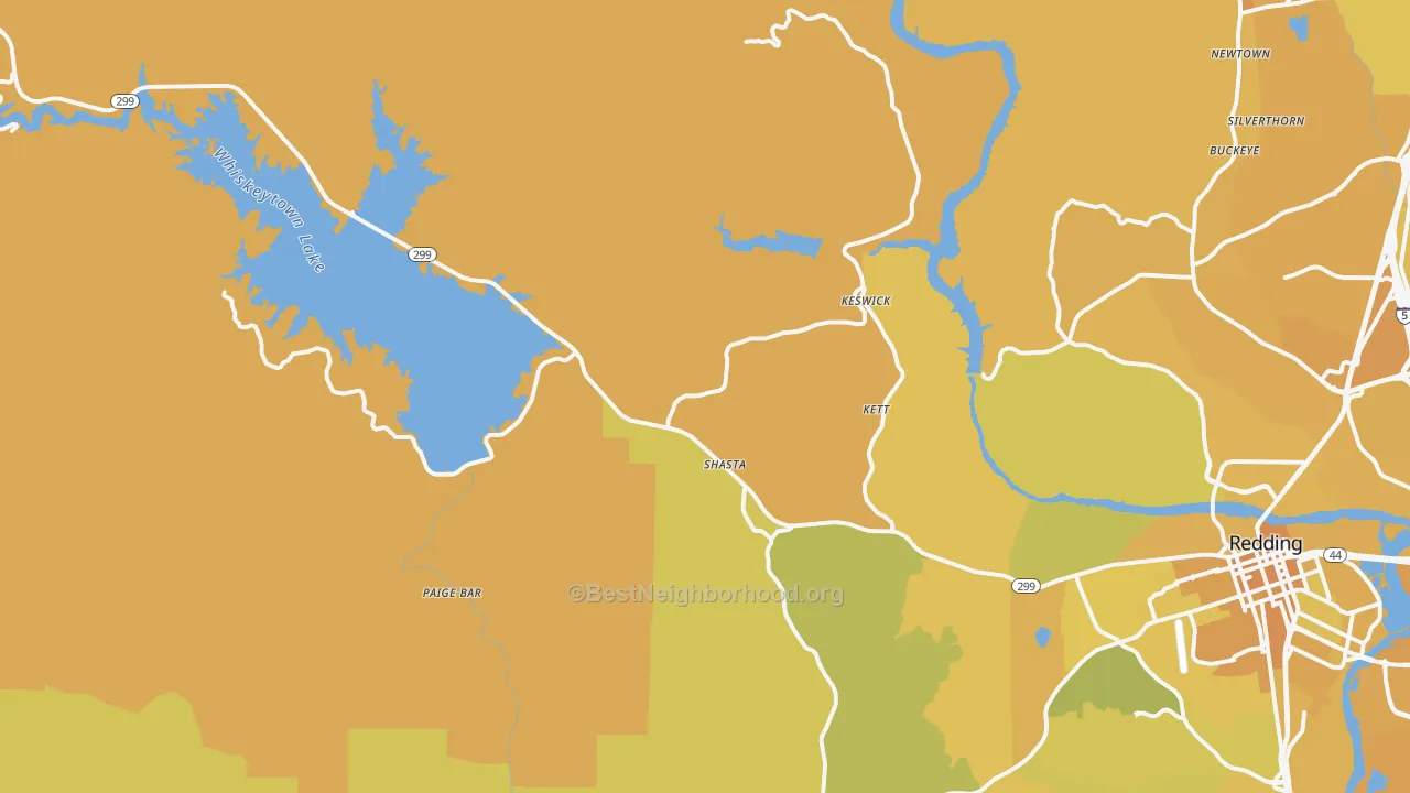 Map of the best neighborhoods in the 96087 area, with better matches in green and worse matches in red