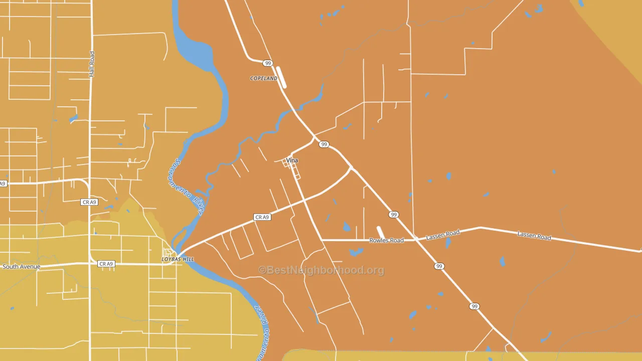 Map of the best neighborhoods in the 96092 area, with better matches in green and worse matches in red