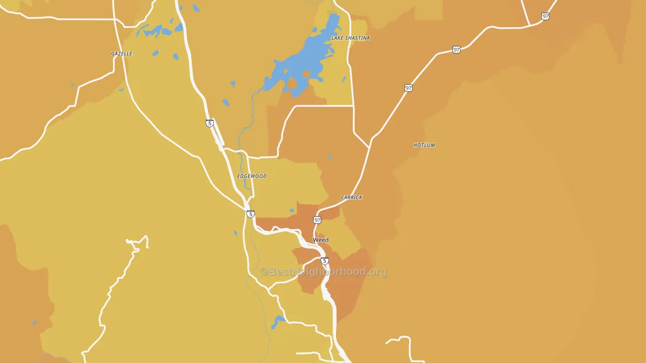 Map of the best neighborhoods in the 96094 area, with better matches in green and worse matches in red