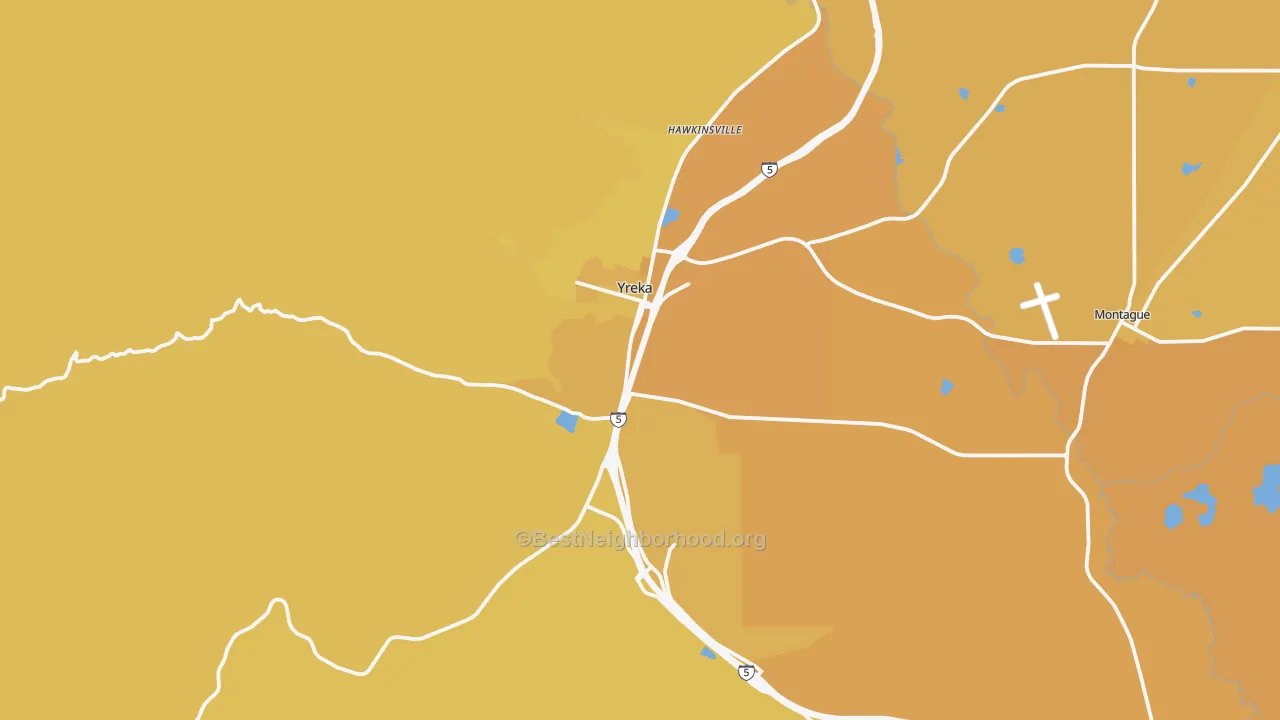 Map of the best neighborhoods in the 96097 area, with better matches in green and worse matches in red