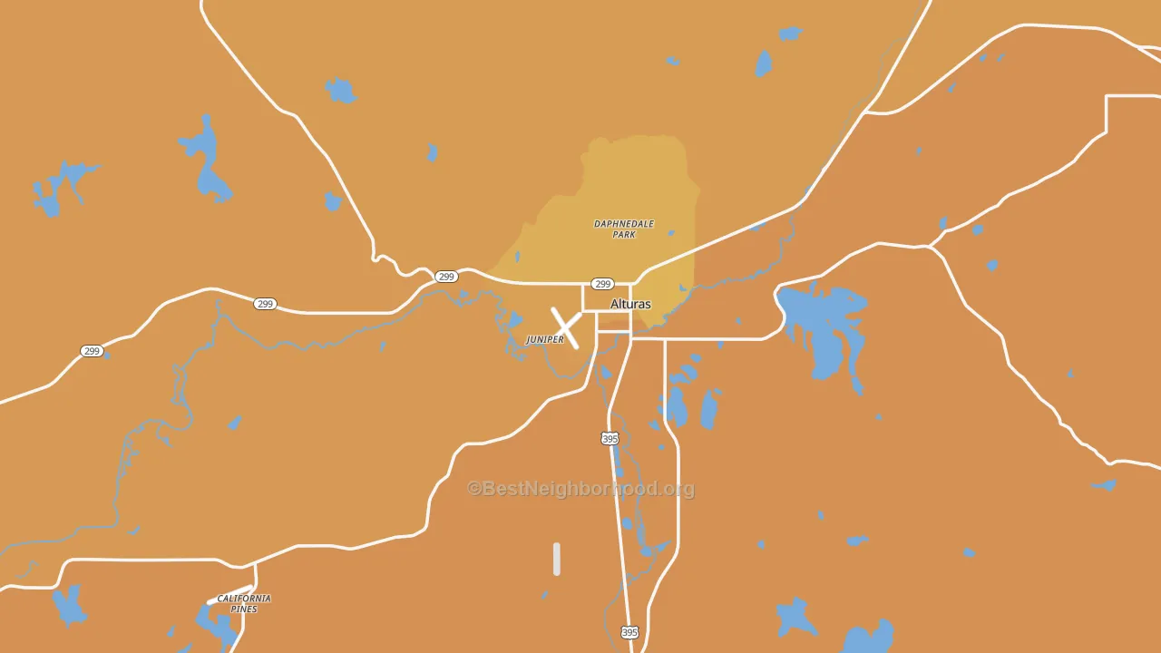 Map of the best neighborhoods in the 96101 area, with better matches in green and worse matches in red