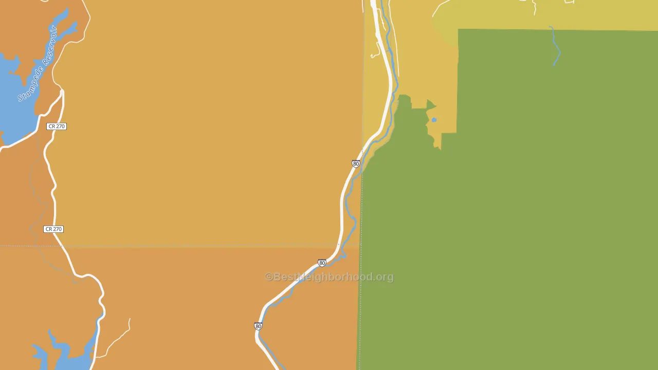 Map of the best neighborhoods in the 96111 area, with better matches in green and worse matches in red