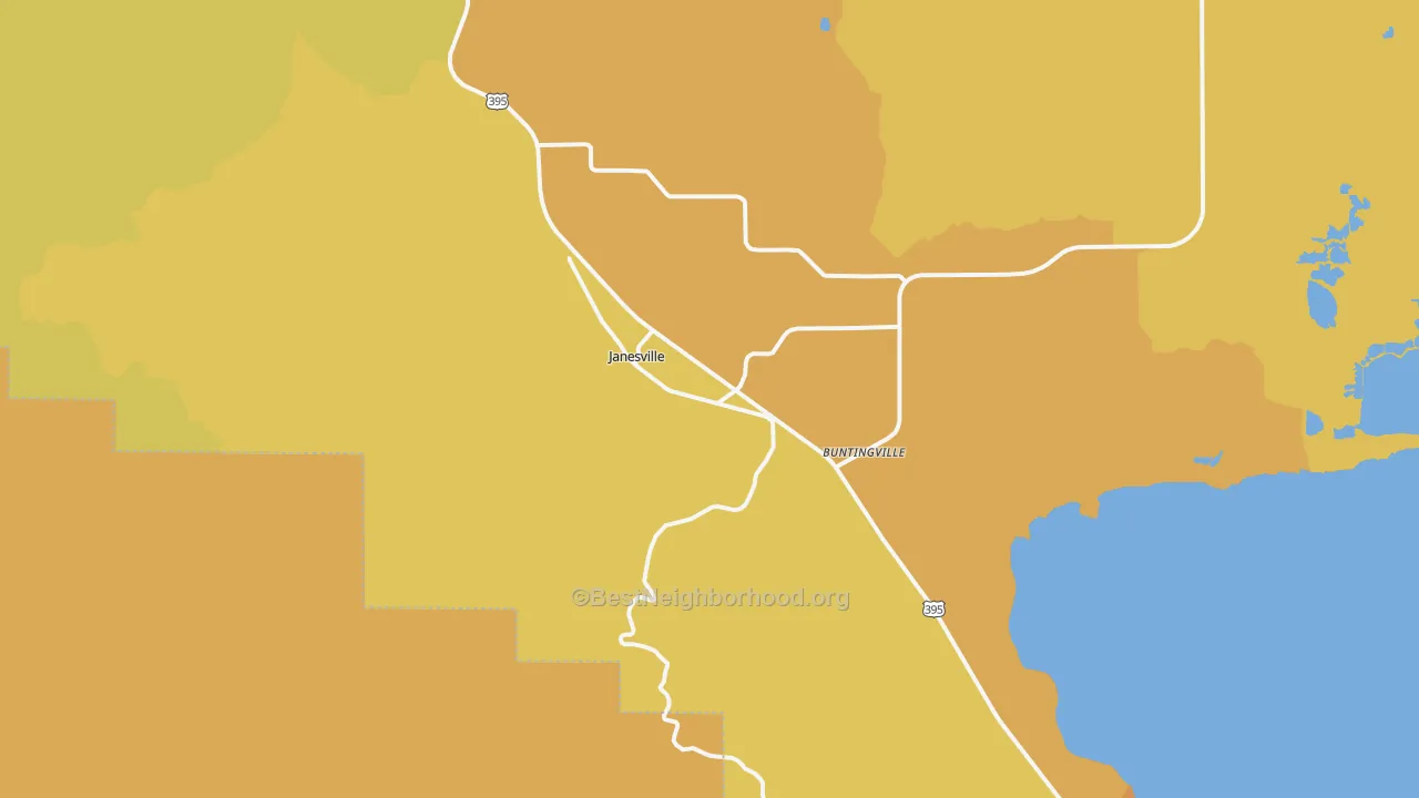 Map of the best neighborhoods in the 96114 area, with better matches in green and worse matches in red
