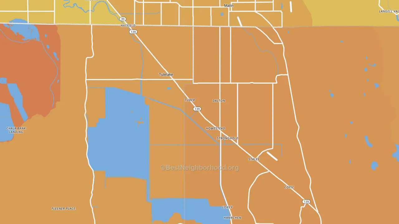Map of the best neighborhoods in the 96134 area, with better matches in green and worse matches in red