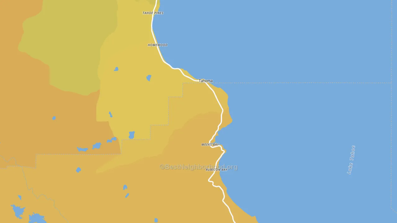 Map of the best neighborhoods in the 96142 area, with better matches in green and worse matches in red