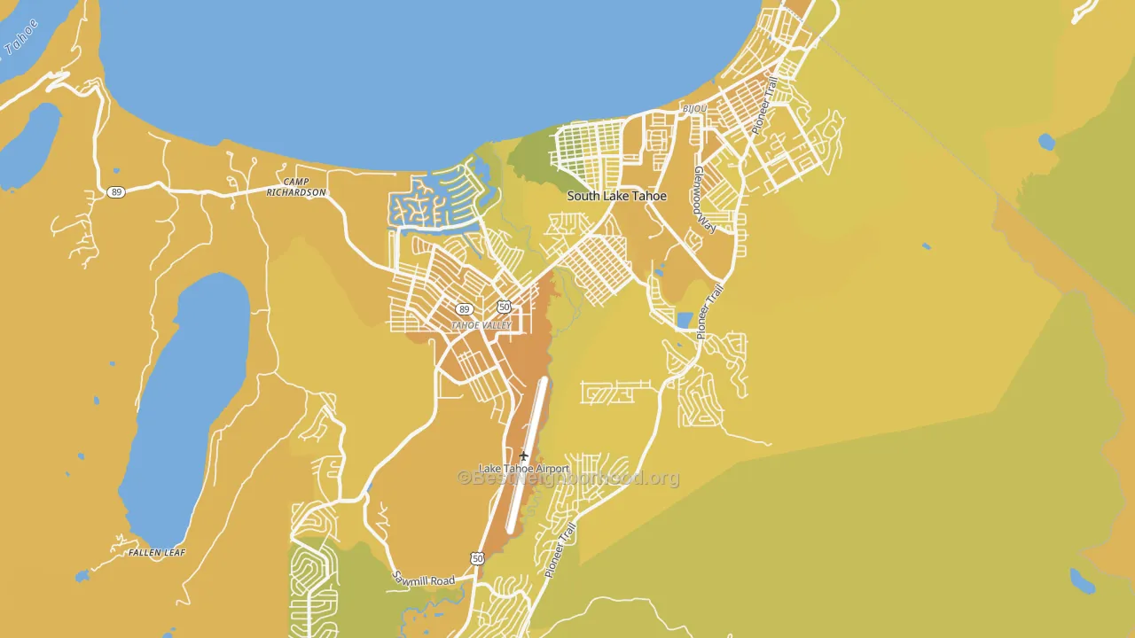 Map of the best neighborhoods in the 96150 area, with better matches in green and worse matches in red