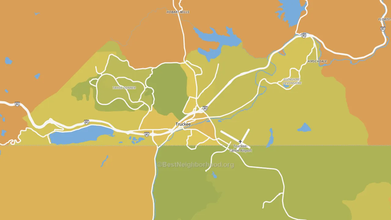 Map of the best neighborhoods in the 96161 area, with better matches in green and worse matches in red