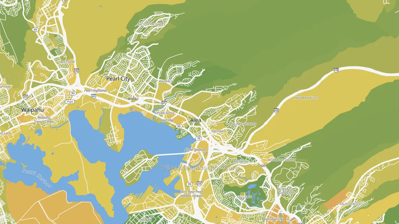 Map of the best neighborhoods in the 96701 area, with better matches in green and worse matches in red