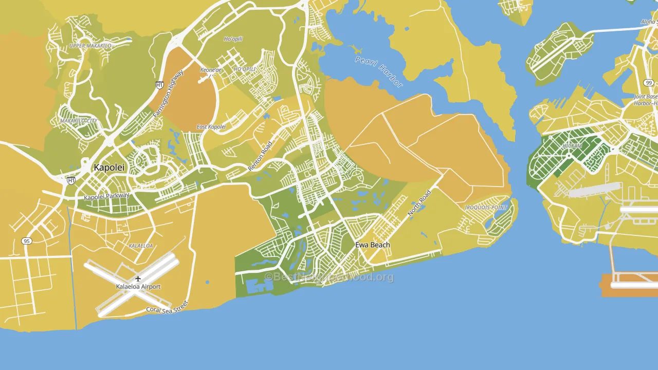 Map of the best neighborhoods in the 96706 area, with better matches in green and worse matches in red
