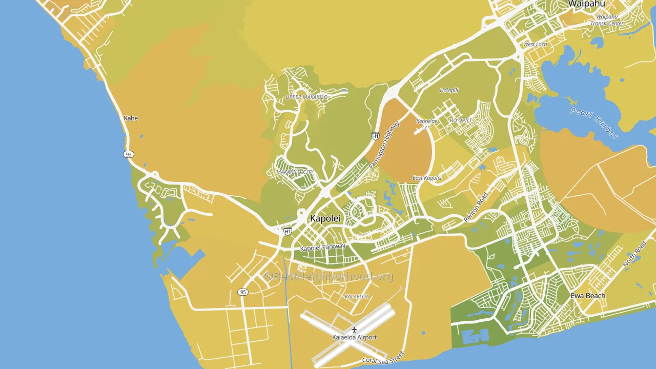 Map of the best neighborhoods in the 96707 area, with better matches in green and worse matches in red