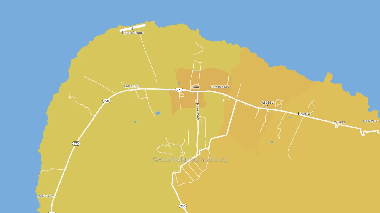 Map of the best neighborhoods in the 96719 area, with better matches in green and worse matches in red