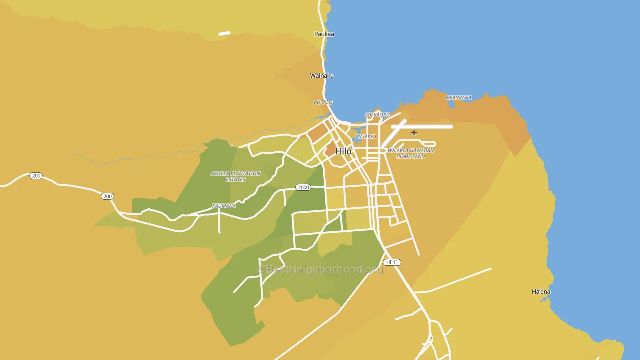 Map of the best neighborhoods in the 96720 area, with better matches in green and worse matches in red
