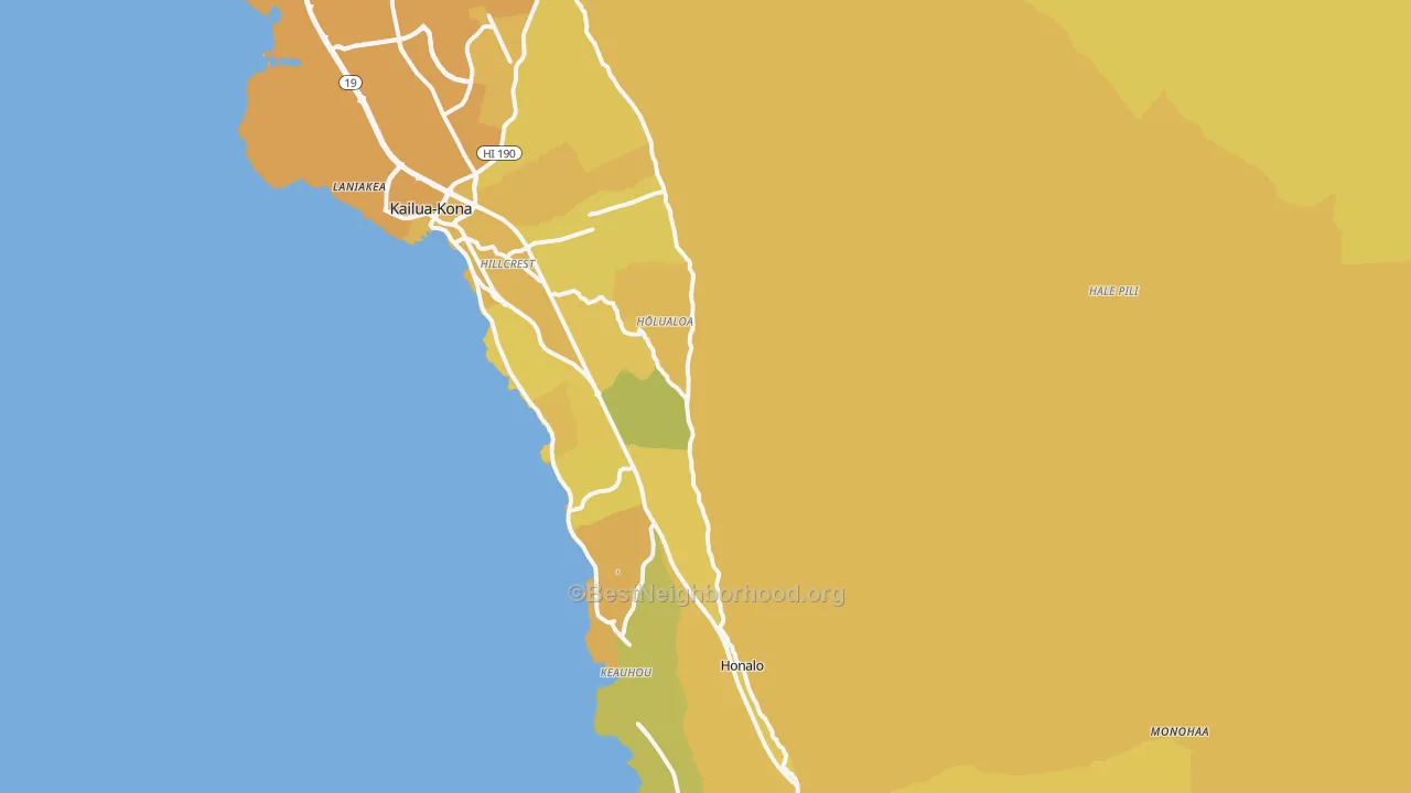 Map of the best neighborhoods in the 96725 area, with better matches in green and worse matches in red