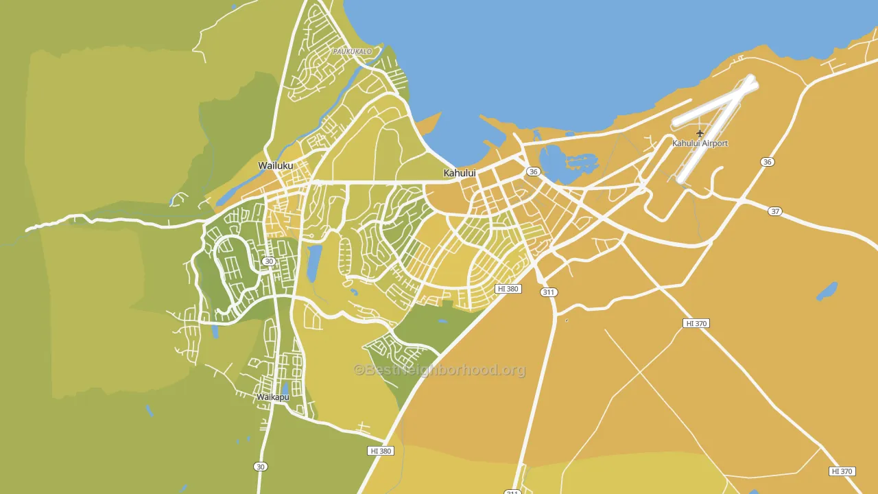 Map of the best neighborhoods in the 96732 area, with better matches in green and worse matches in red