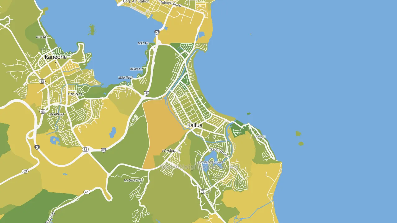 Map of the best neighborhoods in the 96734 area, with better matches in green and worse matches in red