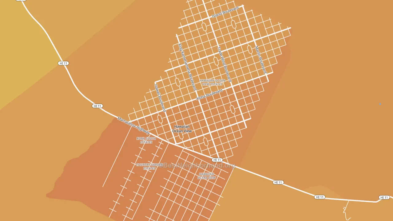 Map of the best neighborhoods in the 96737 area, with better matches in green and worse matches in red